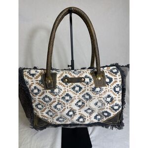 Vintage Diamond Pattern Handbag with Leather Accents